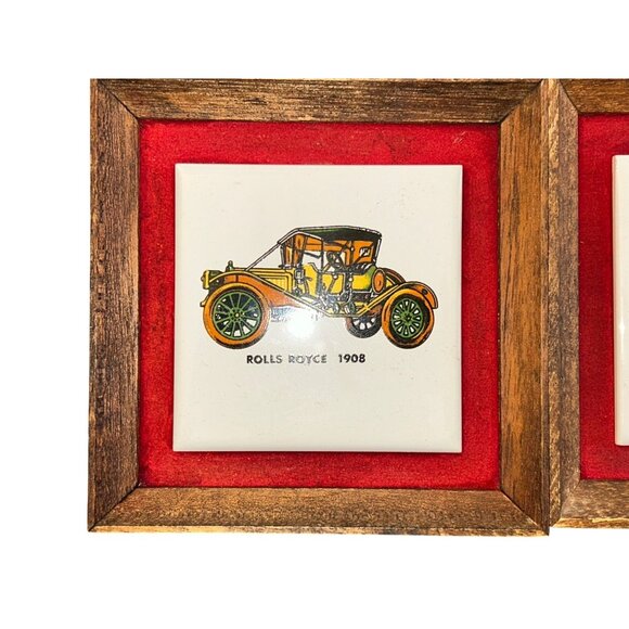 Vintage Framed Ceramic Tile Art Set Of 3 Antique Cars Cadillac Rolls Royce Renau - Picture 3 of 7